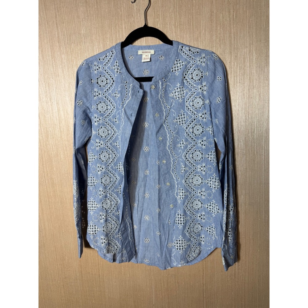 Sundance Womens XS Blue Pinstripe Eyelet Embroidered Cotton Button Down Blouse